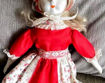 Antique French Doll Pale Faced Red Dress Blue Eyed Bisque Porcelain Doll, Collectible Red Riding Hood Doll, Sweet French Maid Doll Lashes