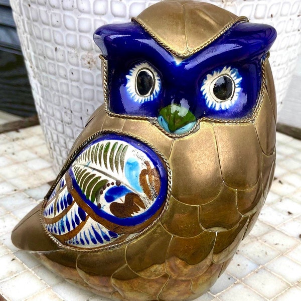 Vintage Owl Mexican Tolana Folk Art Brass/Pottery Ceramic Handmade Figure, Blue/Brass Owl Decor, Unique Artwork Owl Design, Fall Decor