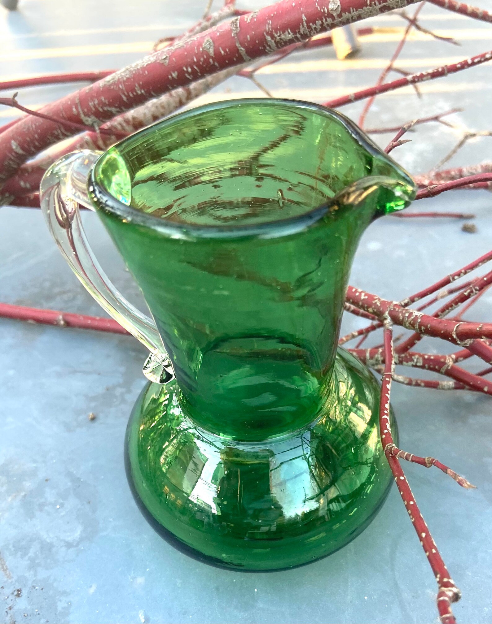 Vintage Green Glass Pitcher With Clear Handle Christmas Etsy