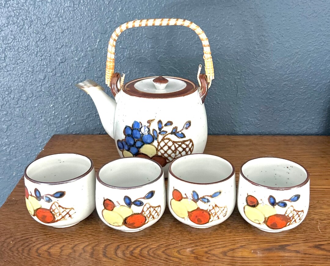 Vintage Stoneware Japanese Fruit Motif Teapot Ratan Handle With 4 Cups