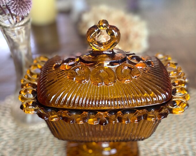 Vintage Indiana Amber Glass Rectangle Pedestal Candy Dish With Lid ...