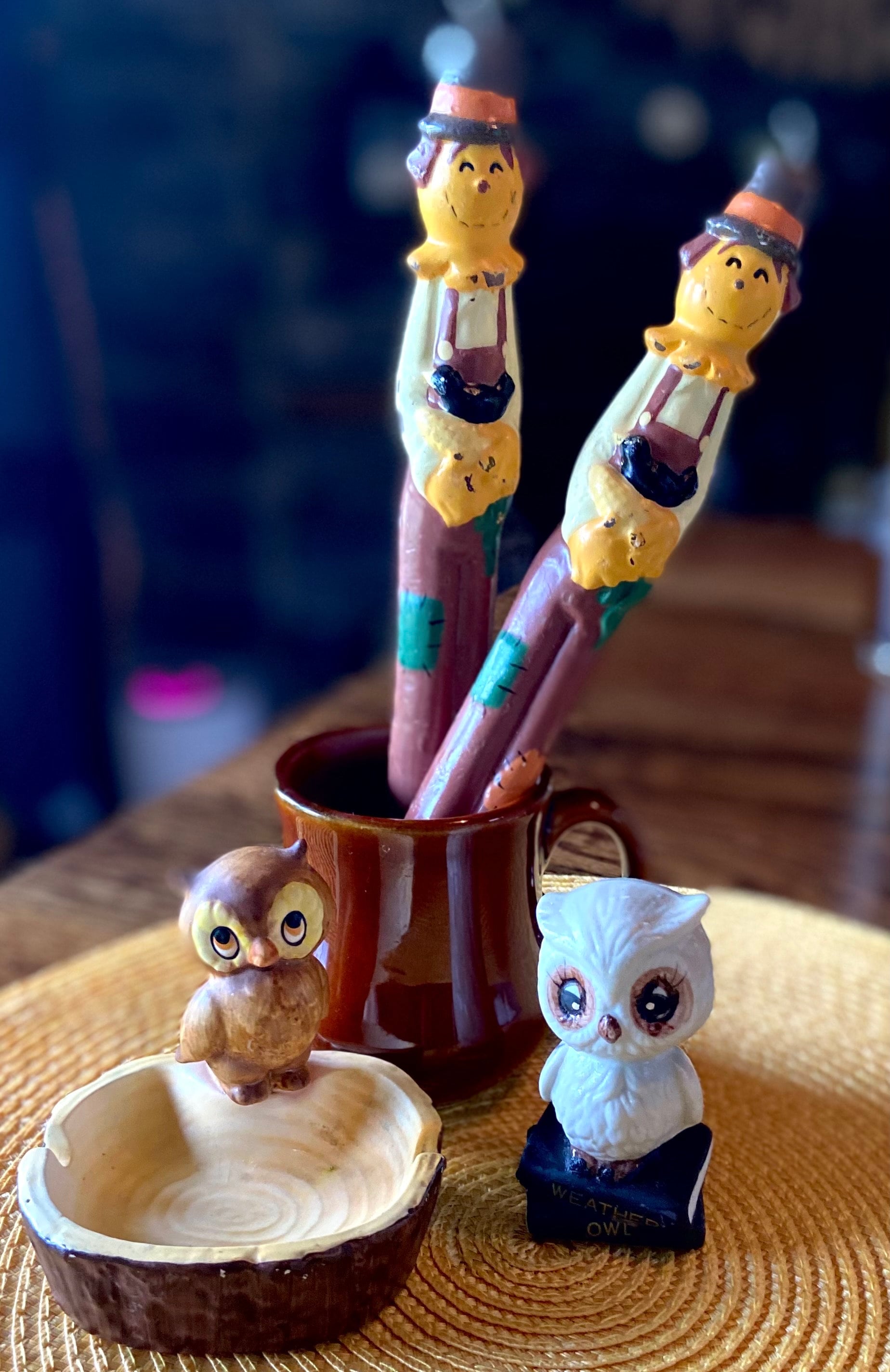 Vintage Owl Fall Seasonal 1970&rsquo;s 3 Items, Weather Novelty Owl, Owl Ashtray, Scarecrow Candles,