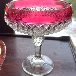 May include: A clear glass candy dish with a red rim and diamond-shaped cutouts. The dish is on a pedestal with a round base.
