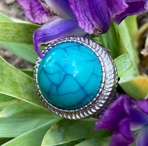 Vintage Turquoise Blue Faux With Silver Toned Met… - image 5