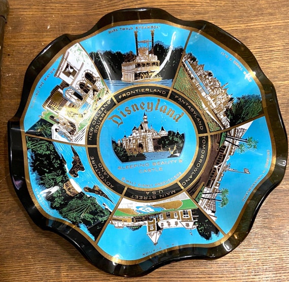 Vintage Disneyland Souvenir Ruffle Ashtray/ Plate on Black Glass