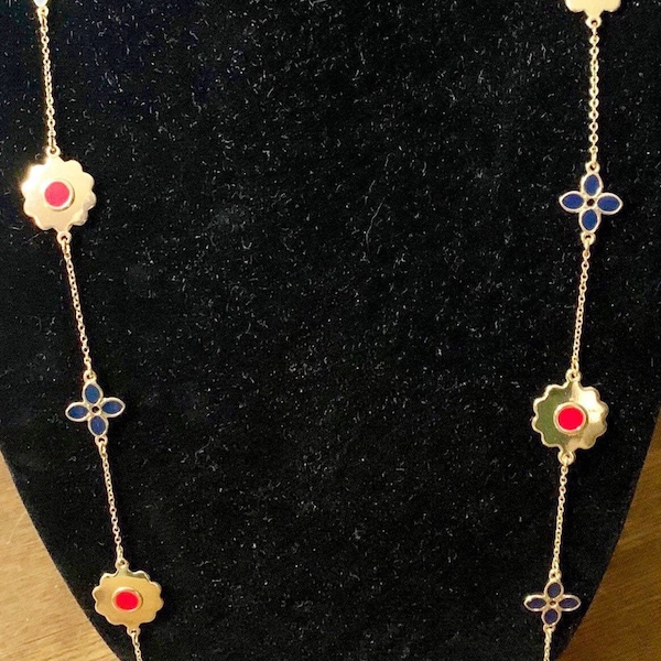 Vintage Necklace Stamped GV9Red/Navy Blue Enamel Floral Shapes, Gold Toned Attached Chain, Patriotic USA, Parade, Forth July, Mother Day