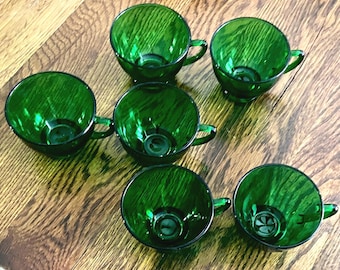 Vintage Anchor Hocking Forest Green Set Of 6 Glass Cups, St Patrick’s Day Emerald Green Coffee Cups, Christmas Egg Nog/ Hot Cocoa Mugs