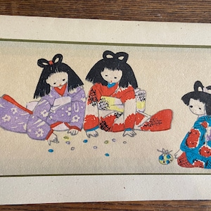 Vintage Pair Japanese Authentic Hand Made Ephemera Culture Paper Artwork Japan, Girls Kokeshi On Paper, Asian Artwork, Classic Simplicity