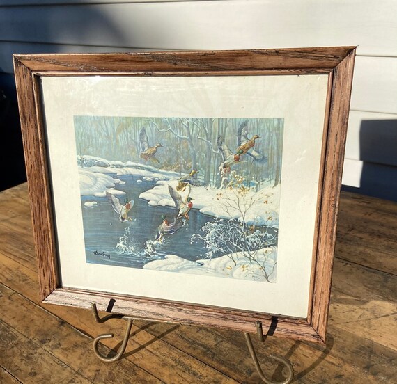 Vintage 1950s Framed Nature Handmade Embroidery - Set of 2