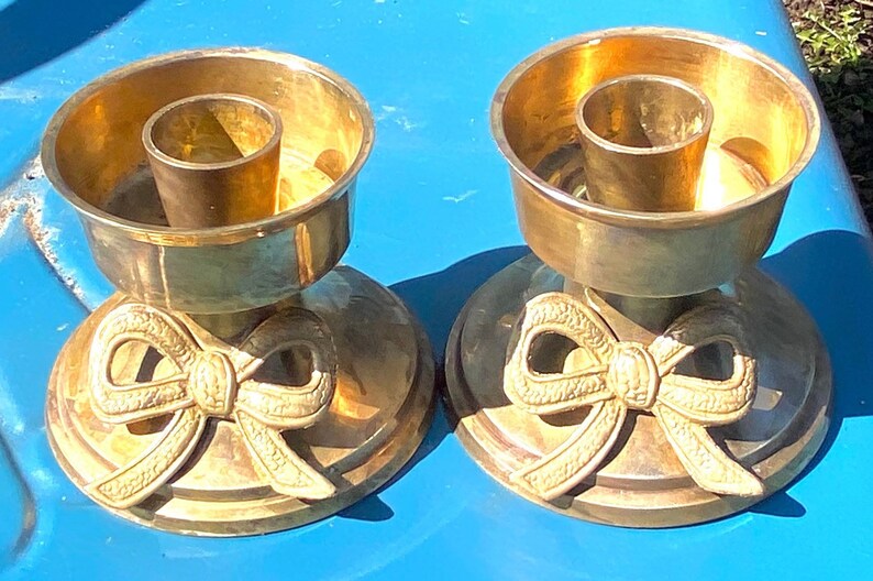 Vintage Brass Gold Metal Pair of Bow Candle Holders Brass Etsy