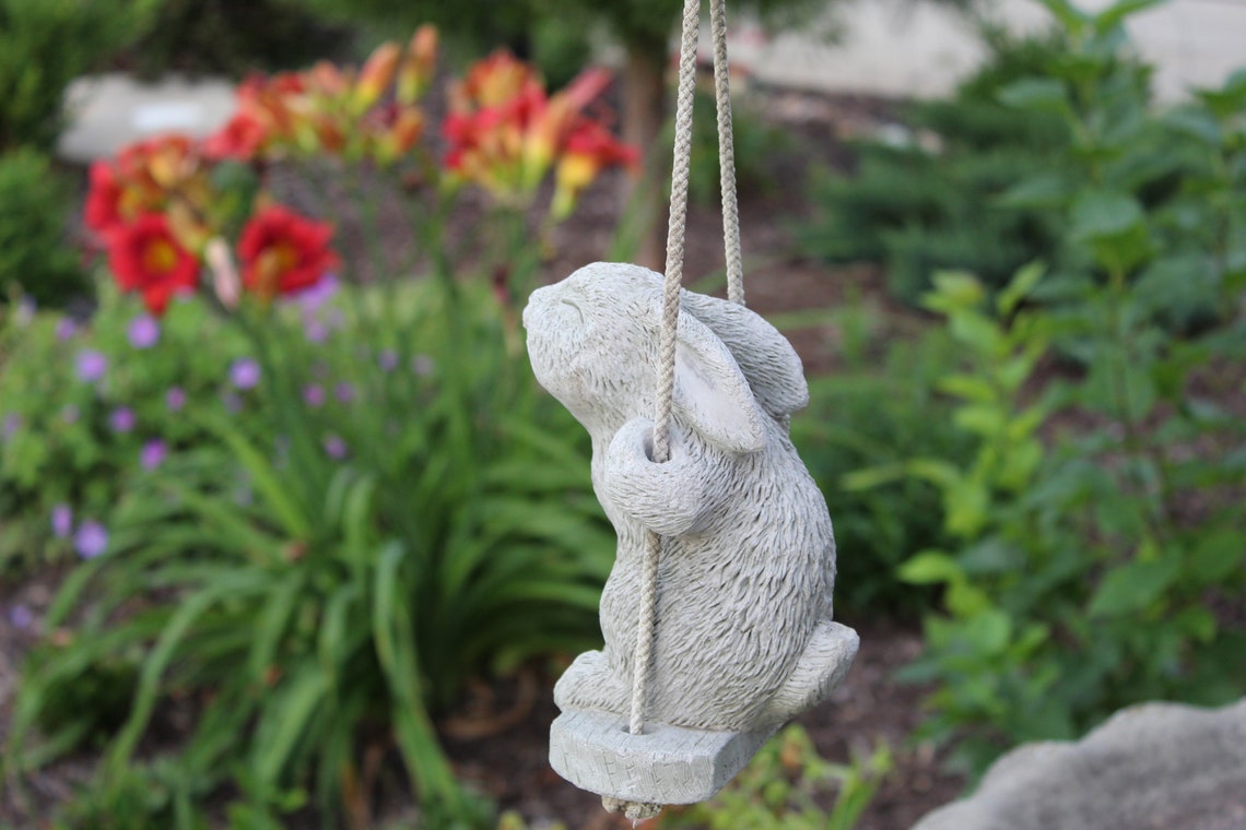 Vintage Heavy Concrete Bunny on Rope Swing 1999 Garden Etsy