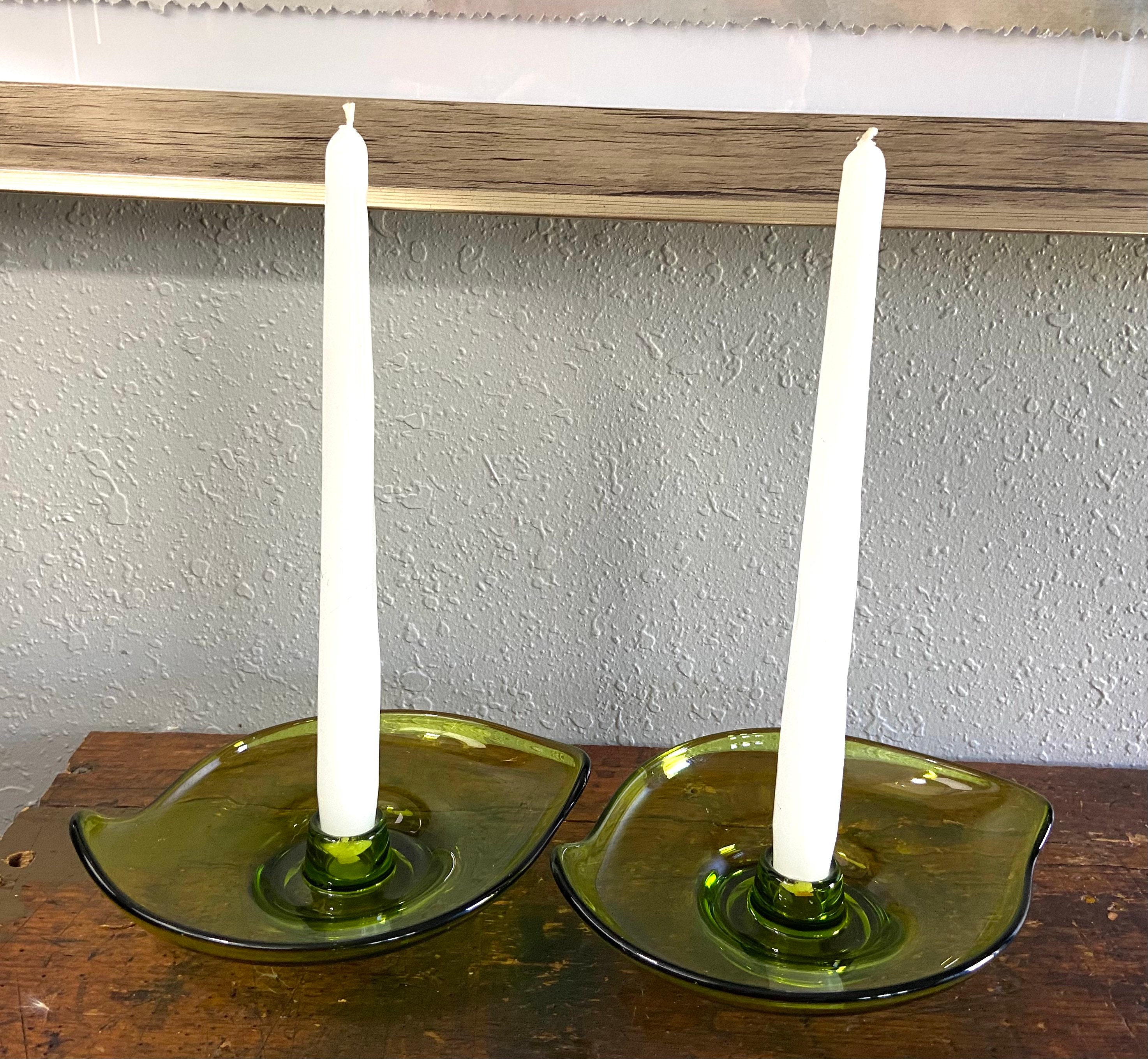 Vintage Epic Line Viking Candle Holders Glass Olive Green Etsy