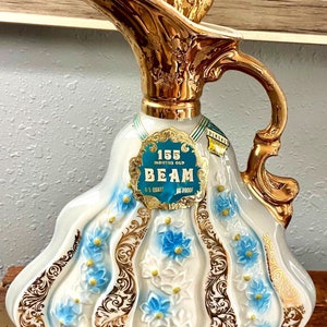 Vintage Jim Beam Blue/Gold Decorative Decanter Glass 1970, Empty Jim Beam Floral/Gold Decanter, Retro Barware, Bar Cart, Father’s Day Gift