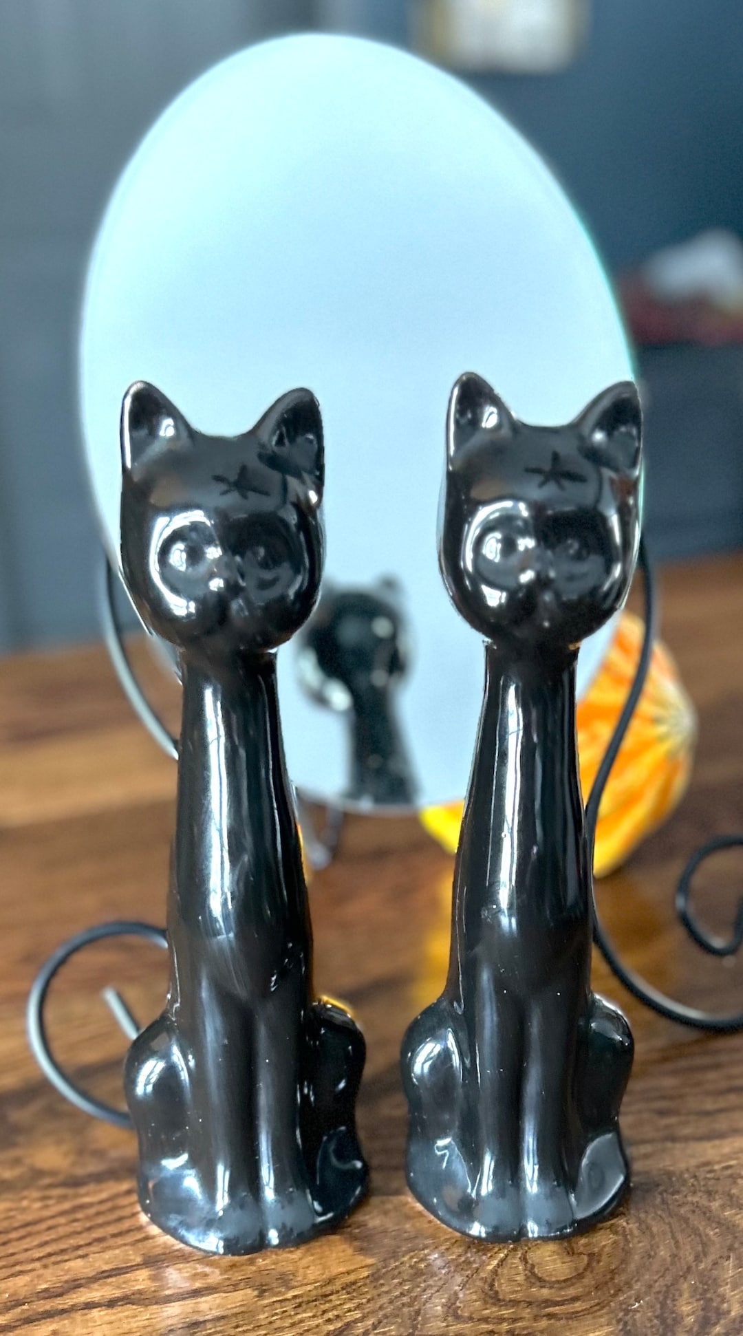 Vintage Black Cat Tall Necks PAIR Pottery Figures Bookends