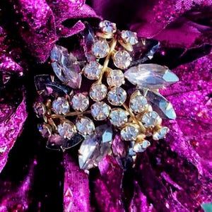 Vintage Regency Lavender Gem Tones Rhinestone Floral Design Marquee Shapes Brooch/Pin Gold Toned 1950’s, Hollywood, Easter Pin