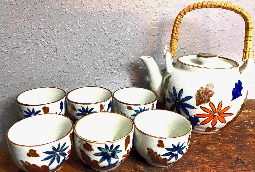 Vintage Asahi Stoneware Japanese Tea Set Teapot 6 Cups Floral Burgundy ...