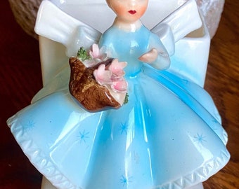 Vintage Lefton Girl Flower Planter China Figurine  Blue Dress Japan 1950’s, Lefton Planters Girl Figurines Collectible, Mother’s Day Gift