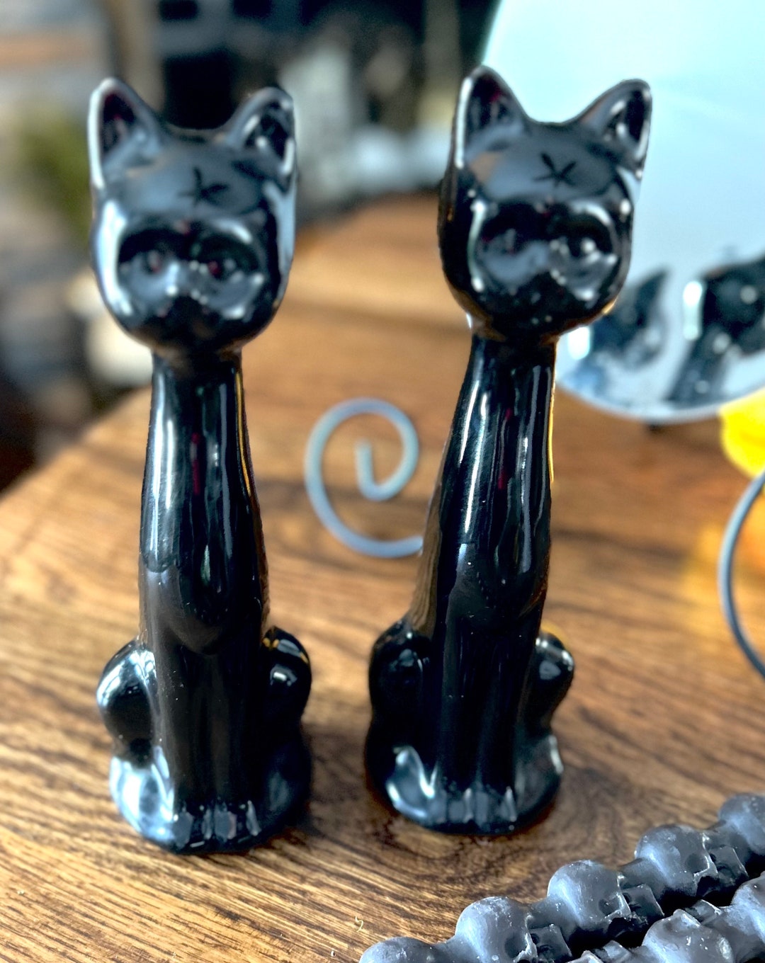 Vintage Black Cat Tall Necks PAIR Pottery Figures Bookends, Two