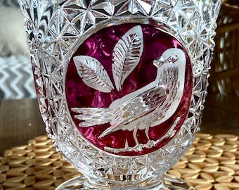 Vintage HOFBAUER BYRDES Lead, Red Byrdes Crystal Diamond Clear 3 Sided Decor Vase, Summer Vase, Crystal Bird, Mother’s Day Gift