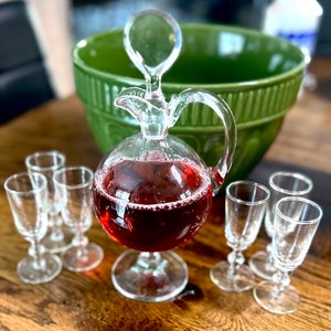 Vintage Crystal Pedestal Decanter( Signed )#1730 Faceted Stopper, Round Shaped Wine Decanter With 6 Cordial Glasses, Valentine’s Day Gift