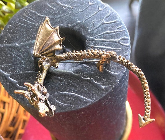 Antique Dragon Medieval Castle Gold Toned Metal B… - image 1