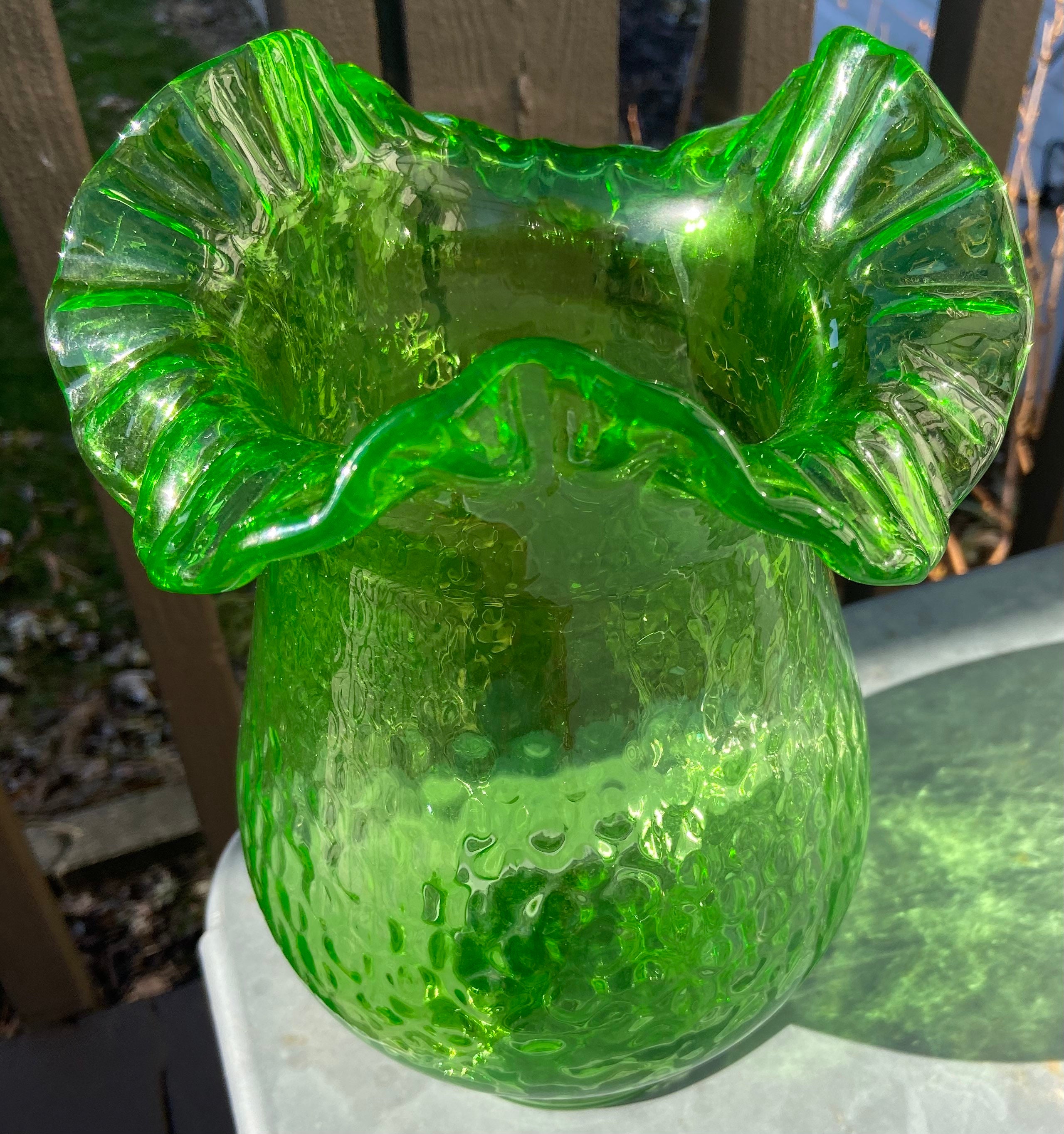 Mid Century Green Glass Ruffle Vase Vintage Fenton Green Etsy
