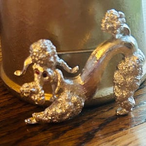 Vintage Poodle MONET Grace Kelly Inspired Red Ruby Rhinestones Eyes Silver Toned Dog Brooch, Dog Poodle Vintage Brooch/Pin In Play Position