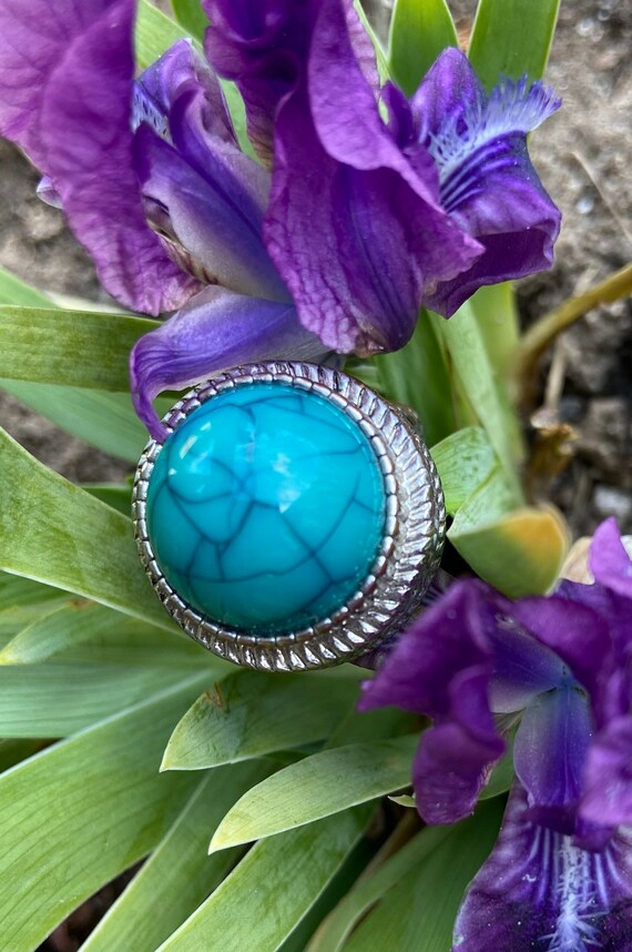 Vintage Turquoise Blue Faux With Silver Toned Met… - image 7