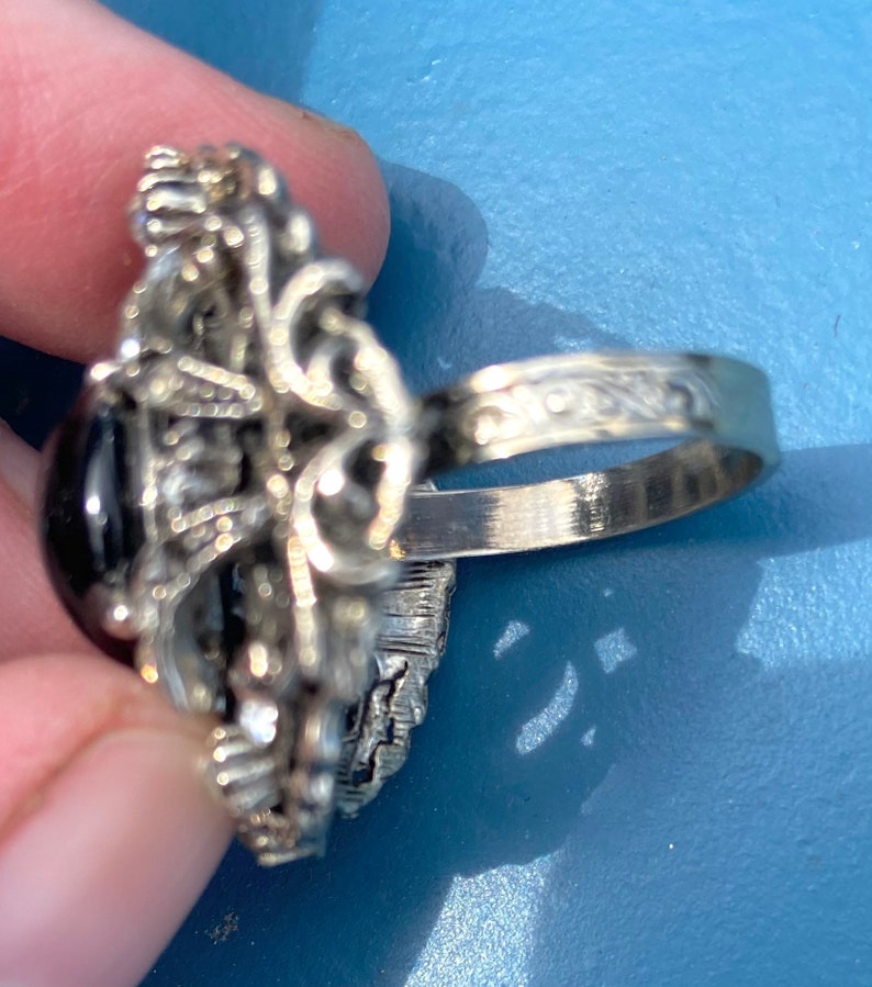 Gothic 1960\u2019s Encrusted Cocktail Ring Vintage Signed ART Circular Onyx Rhinestone Faux Silver Toned Metal Brutalist Adjustable Size