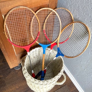 Vintage Tennis/ Racquetball/ Badminton Wooden Rackets in Red White and Blue Set of 4, Champion, Scorpion, Eagle Rackets, Cabin, Sports Clubs