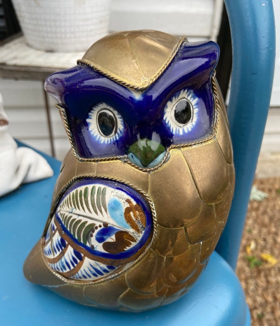 Vintage Mexican Tolana Folk Art Brass/Pottery Owl Handmade | Etsy
