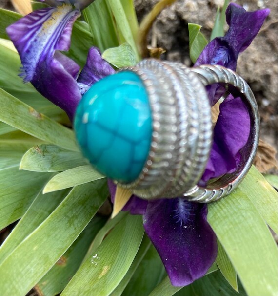 Vintage Turquoise Blue Faux With Silver Toned Met… - image 1