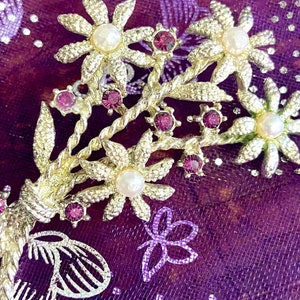 Vintage Aai Brooch Amethyst Purple Faux Pearl Rhinestones, Silver Toned Metal Floral, Spring Jewelry Amethyst Pin, Mother’s Day Gift