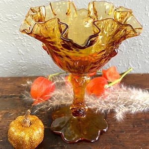 Vintage Fenton Amber Ruffled Pedestal Dish Cabbage Compote, Ruffled Glass Candy Bowl, Amber Colored Art Glass, Fall Farmhouse Decor