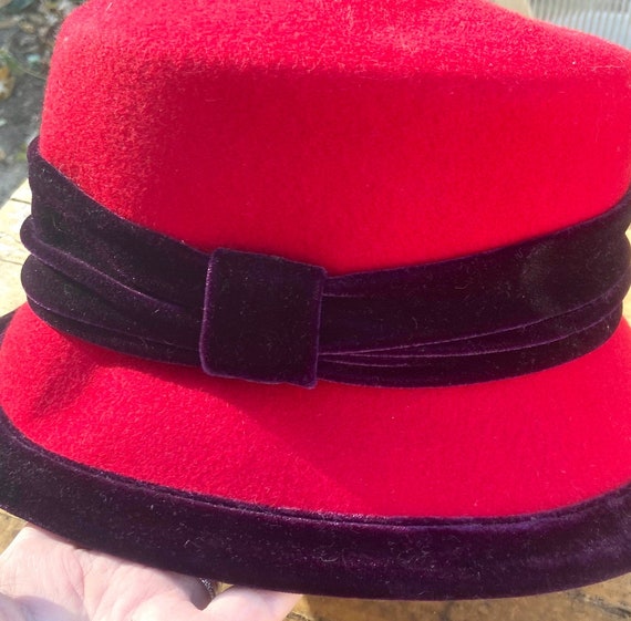 Vintage Wool Red Winter Hat With Purple Crush Vel… - image 1