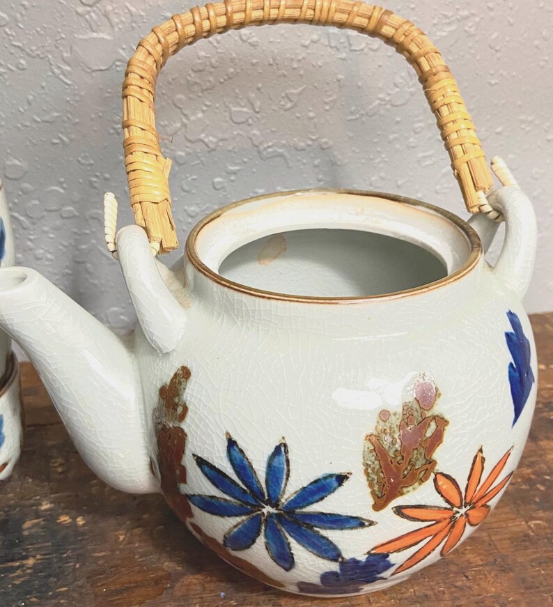 Vintage Asahi Stoneware Japanese Tea Set Teapot 6 Cups Floral Burgundy ...