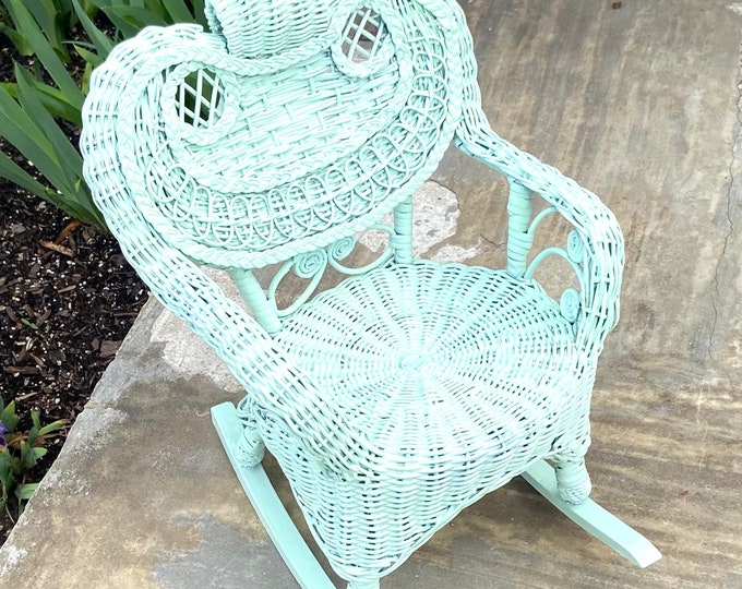 Antique Toddler Wicker Rocking Chair, Childs Mint Green Detailed Wicker ...