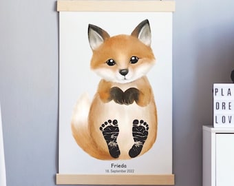 Footprint set baby gift birth poster baby shower personalized gift idea decoration children&#39;s room birth fox forest animals poster mural