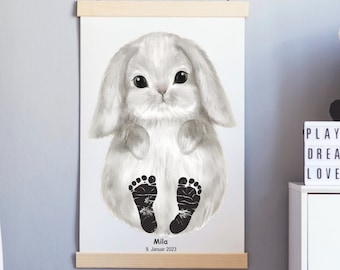 Footprint set baby gift birth poster baby shower personalized gift idea decoration children&#39;s room birth rabbit forest animals poster mural