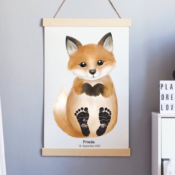 Fußabdruck Set Baby Geschenk Geburtsposter Babyparty personalisiert Geschenkidee Deko Kinderzimmer Geburt Fuchs Waldtiere Poster Wandbild