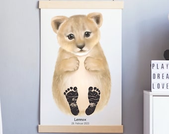 Footprint set baby gift birth poster baby shower personalized gift idea decoration children&#39;s room birth lion lion cub zoo poster mural