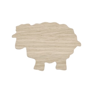 May include: A wooden sheep-shaped cutout in a light beige hue, showing the natural wood grain. The sheep has a simple, stylized design, suitable for craft projects or home decoration. The cutout is set against a white backdrop.