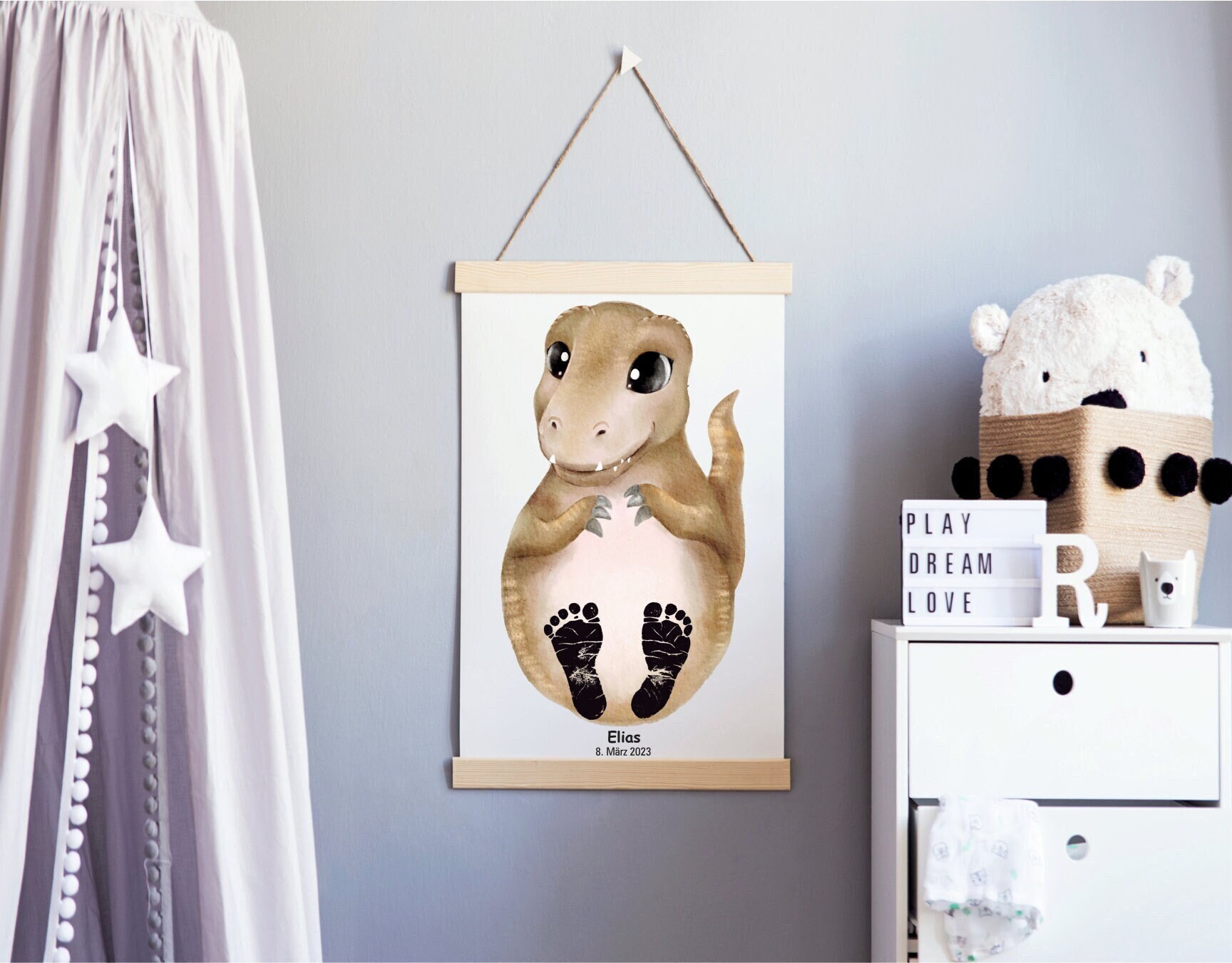 Footprint Set Baby Gift Birth Poster Baby Shower Personalized Gift Idea Decoration Children's Room Birth Dino Dinosaur Poster Mural