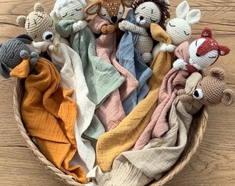 Schnuffeltuch Häkeltier personalisiert Musselintuch Baby Fuchs Hase Geburt Babygeschenk Babyspielzeug Junge Mädchen Geschenkidee Musselin