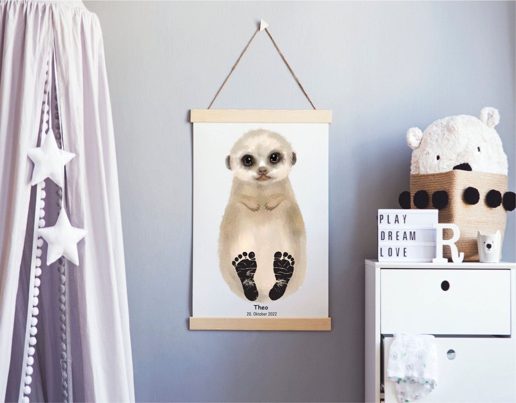 Footprint set baby gift birth poster baby shower personalized gift idea decoration children's room birth meerkat zoo poster mural
