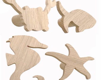 Wall hook coat hook children wood oak fish crab seahorse animals baby nursery gift idea wardrobe unique