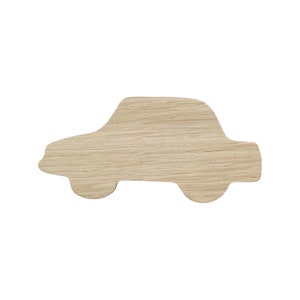 May include: A wooden car cutout, painted in a light brown color. The car is a simple silhouette with rounded edges.