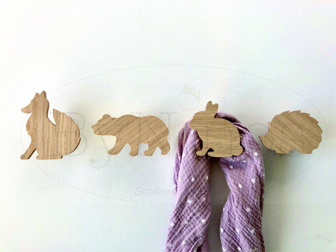 4 ganchos de pared para niños hechos de madera roble zorro | Etsy