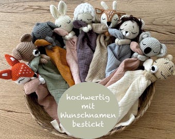 Personalized cuddly toy/snuggle blanket/comforter with embroidered name, crocheted animal, muslin cloth, crocheted soft toy, baby gift, rabbit, bear, boy, girl