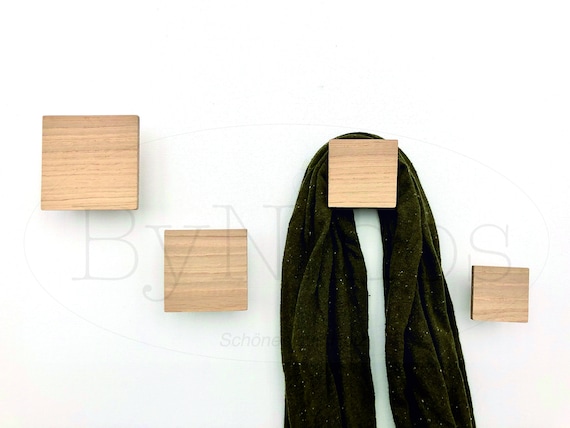 4 Wall Hooks Wood Oak Square Shape Wardrobe Decorative Hook Coat